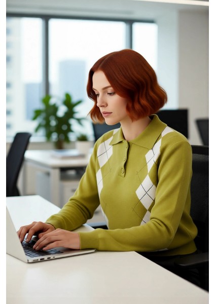 Kadın Baklava Desenli Polo Yaka Triko Kazak Kış ve Sonbahar Şıklığınıza Klasik Bir Dokunuş