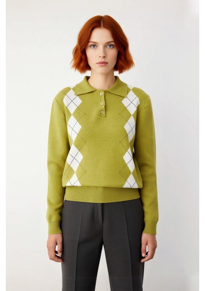 Kadın Baklava Desenli Polo Yaka Triko Kazak Kış ve Sonbahar Şıklığınıza Klasik Bir Dokunuş fiyatları