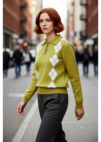 Kadın Baklava Desenli Polo Yaka Triko Kazak Kış ve Sonbahar Şıklığınıza Klasik Bir Dokunuş fırsatları