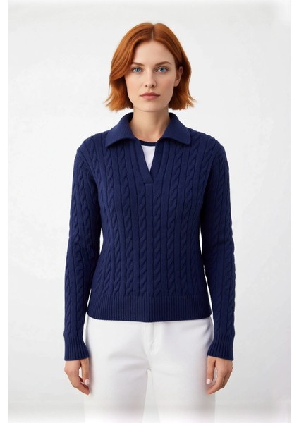 Şık Tasarım Kadın Regular Kalıp Saç Örgülü Polo Yaka Triko Kazak Günlük Giyim Için Ideal Kaliteli fiyatları