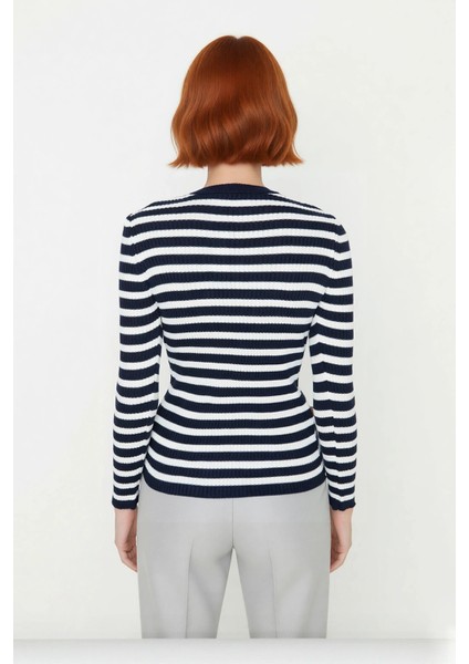 Kadın Çizgili Triko Fitted Uzun Kol Bisiklet Yaka Akrilik Basic Casual Günlük Kazak Kaliteli fiyatları