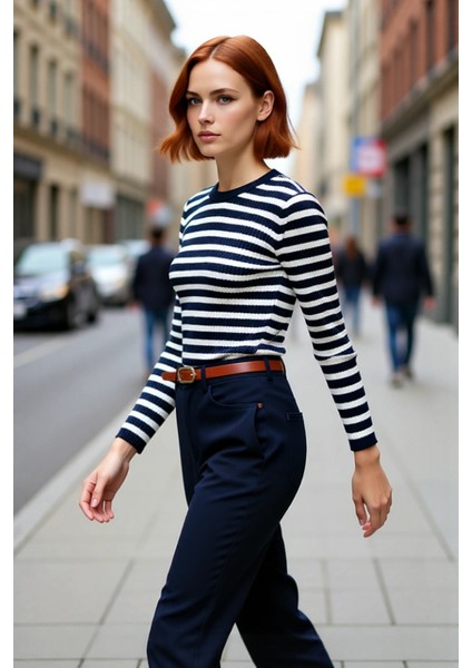 Kadın Çizgili Triko Fitted Uzun Kol Bisiklet Yaka Akrilik Basic Casual Günlük Kazak Kaliteli modelleri