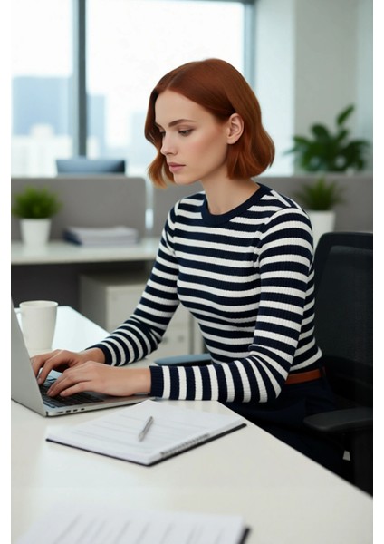 Kadın Çizgili Triko Fitted Uzun Kol Bisiklet Yaka Akrilik Basic Casual Günlük Kazak Kaliteli fırsatları