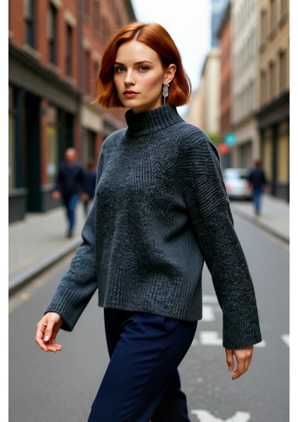 Kadın Oversize Dik Yaka Gri Akrilik Uzun Kollu Basic Triko Kazak Kışlık Kombinlerin Anahtarıdır modelleri