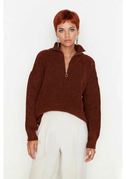 Kadın Oversize Rahat Kesim Düşük Kol Fermuarlı Dik Yaka Triko Selanik Örgü Uzun Kollu Kazak fiyatları