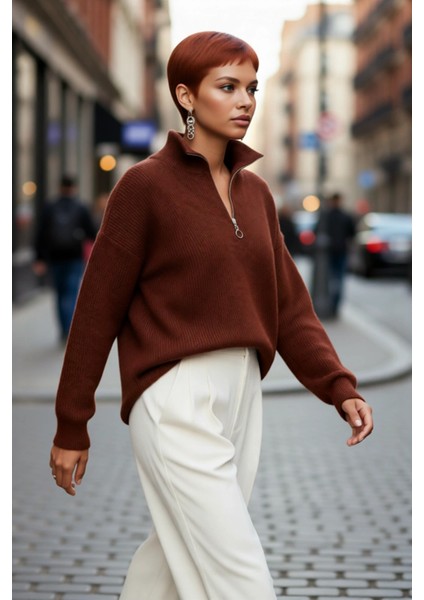 Kadın Oversize Rahat Kesim Düşük Kol Fermuarlı Dik Yaka Triko Selanik Örgü Uzun Kollu Kazak fırsatları