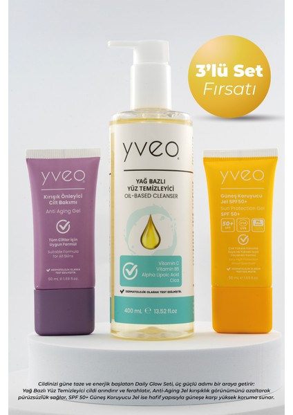 Daily Glow 3 Lü Set – Anti Aging Jel, Güneş Jeli, Temizleme Yağı