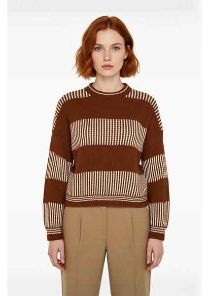 Kadın Rahat Kalıp Düşük Kol Bisiklet Yaka Renk Bloklu Akrilik Triko Kazak Günlük Kullanım Şıklığı.