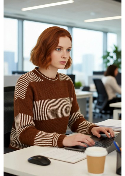 Kadın Rahat Kalıp Düşük Kol Bisiklet Yaka Renk Bloklu Akrilik Triko Kazak Günlük Kullanım Şıklığı. fırsatları