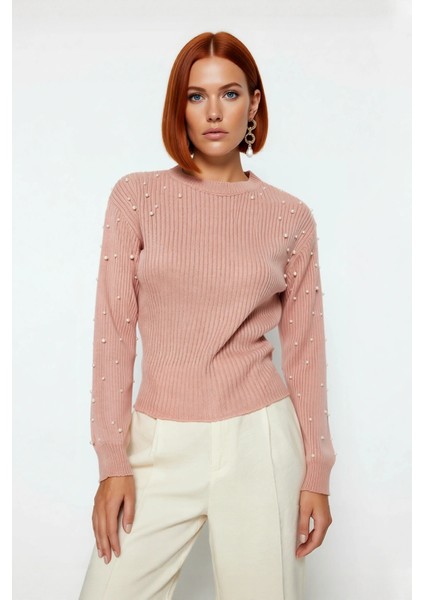 Kadın Inci Detaylı Bisiklet Yaka Regular Kalıp Düşük Kol Fitilli Triko Kazak Günlük Şıklık