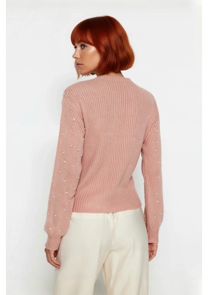 Kadın Inci Detaylı Bisiklet Yaka Regular Kalıp Düşük Kol Fitilli Triko Kazak Günlük Şıklık fiyatları