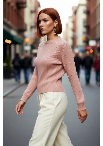 Kadın Inci Detaylı Bisiklet Yaka Regular Kalıp Düşük Kol Fitilli Triko Kazak Günlük Şıklık modelleri