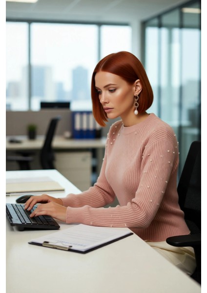 Kadın Inci Detaylı Bisiklet Yaka Regular Kalıp Düşük Kol Fitilli Triko Kazak Günlük Şıklık fırsatları