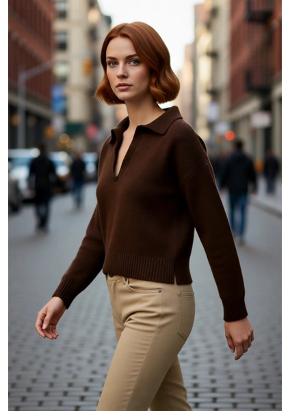 Kadınlara Özel Düşük Kol Oversize Triko Kazak Rahat Kesim Polo Yaka Kış Şıklığı Sunar Kaliteli modelleri