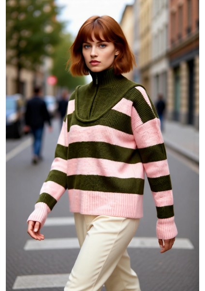 Kadın Oversize Dik Yaka Fermuarlı Çizgili Kalın Triko Kazak Kış Günleri Için Konforlu Stil modelleri