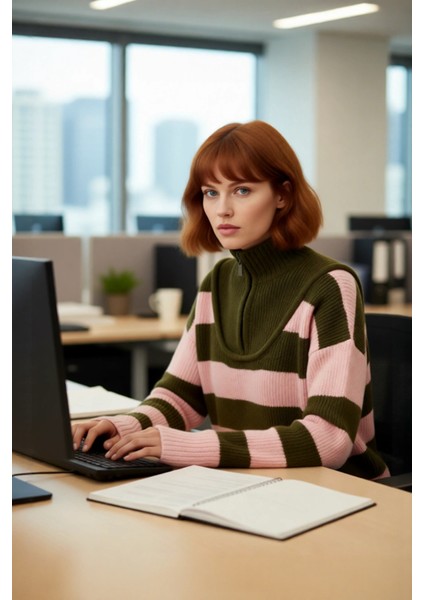 Kadın Oversize Dik Yaka Fermuarlı Çizgili Kalın Triko Kazak Kış Günleri Için Konforlu Stil fırsatları