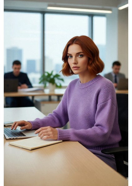 Kadın Kışlık Oversize Basic Triko Kazak Bisiklet Yaka Düşük Kollu Rahat ve Şık Günlük Stil