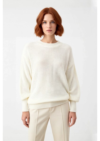 Kadın Salaş Oversize Balon Kol Bisiklet Yaka Selanik Dokuma Uzun Kollu Triko Kazak 100% Akrilik fiyatları