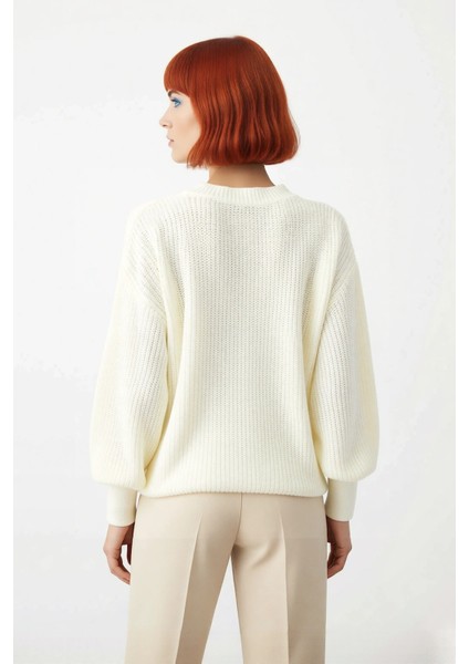 Kadın Salaş Oversize Balon Kol Bisiklet Yaka Selanik Dokuma Uzun Kollu Triko Kazak 100% Akrilik modelleri