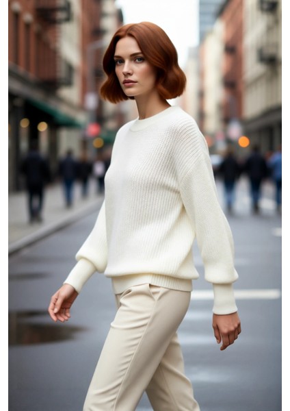 Kadın Salaş Oversize Balon Kol Bisiklet Yaka Selanik Dokuma Uzun Kollu Triko Kazak 100% Akrilik fırsatları