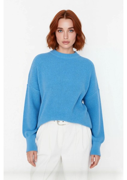 Kadın Salaş Oversize Balon Kol Bisiklet Yaka Selanik Dokuma Uzun Kollu Triko Kazak 100% Akrilik fiyatları