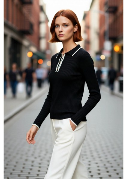 Kadın Ince Triko Polo Yaka Fitted Kazak Renk Bloklu Tasarımıyla Her Mevsim Şıklık Sunan Kaliteli fırsatları