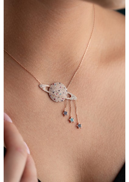 925 Ayar Gümüş Rose Kaplama Sallantı Yıldızlı Gezegen Kolye