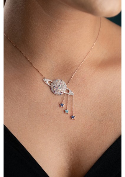 925 Ayar Gümüş Rose Kaplama Sallantı Yıldızlı Gezegen Kolye fiyatları