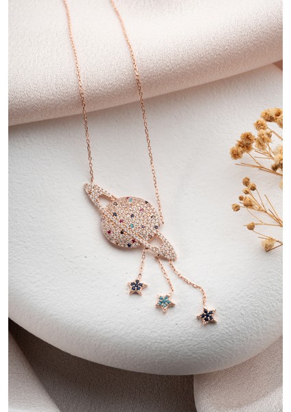 925 Ayar Gümüş Rose Kaplama Sallantı Yıldızlı Gezegen Kolye modelleri