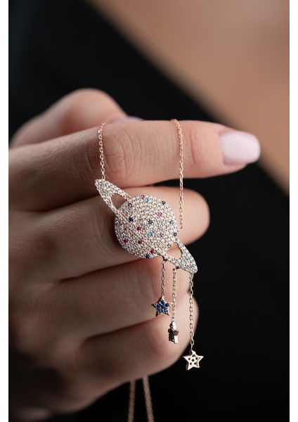 925 Ayar Gümüş Rose Kaplama Sallantı Yıldızlı Gezegen Kolye indirimleri