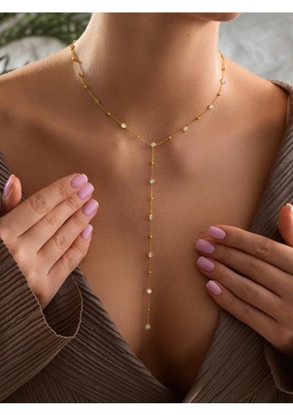 925 Ayar Gümüş Gold Kaplama Minimal Yuvarlak Beyaz Taşlı Y Model Kolye