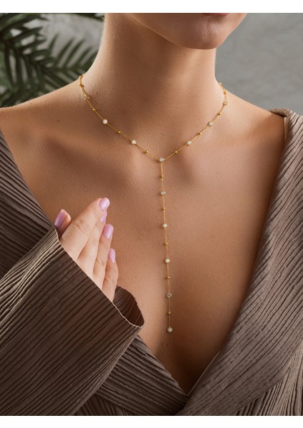 925 Ayar Gümüş Gold Kaplama Minimal Yuvarlak Beyaz Taşlı Y Model Kolye fiyatları