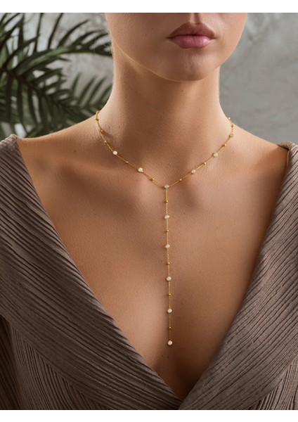 925 Ayar Gümüş Gold Kaplama Minimal Yuvarlak Beyaz Taşlı Y Model Kolye modelleri