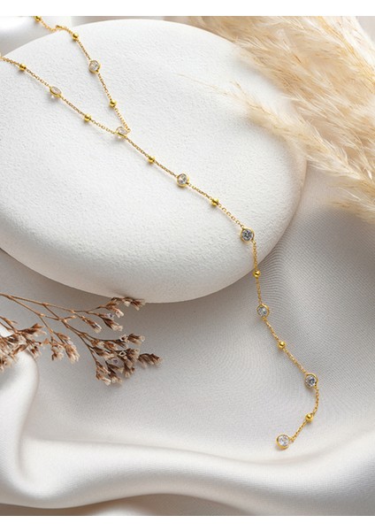 925 Ayar Gümüş Gold Kaplama Minimal Yuvarlak Beyaz Taşlı Y Model Kolye indirimleri