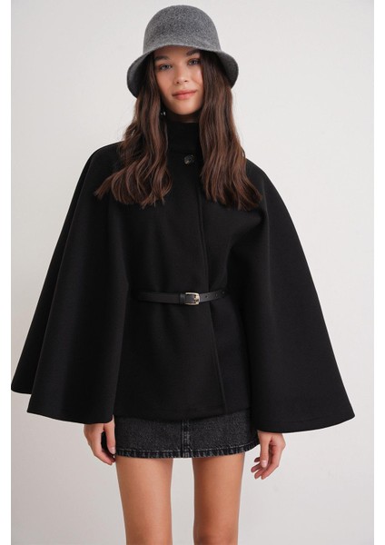 4768 Kadın Kemerli Panço Premium Kaşe Ceket Siyah