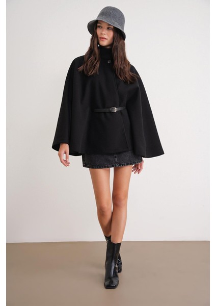 4768 Kadın Kemerli Panço Premium Kaşe Ceket Siyah fiyatları