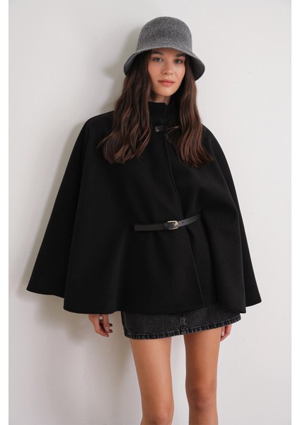4768 Kadın Kemerli Panço Premium Kaşe Ceket Siyah modelleri