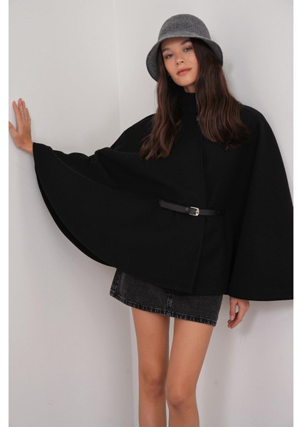 4768 Kadın Kemerli Panço Premium Kaşe Ceket Siyah fırsatları