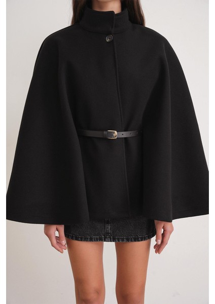 4768 Kadın Kemerli Panço Premium Kaşe Ceket Siyah indirimleri