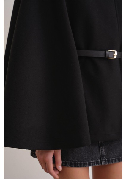 4768 Kadın Kemerli Panço Premium Kaşe Ceket Siyah