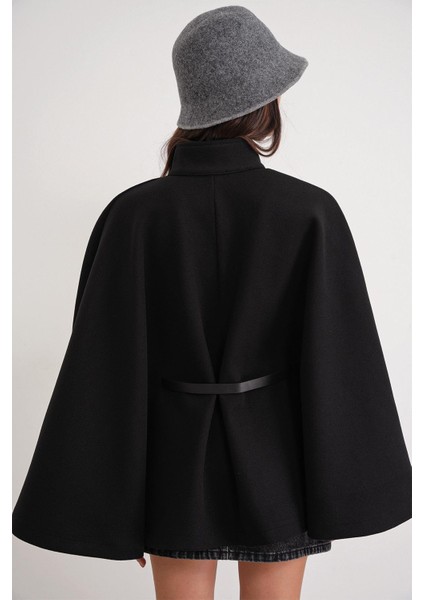 4768 Kadın Kemerli Panço Premium Kaşe Ceket Siyah