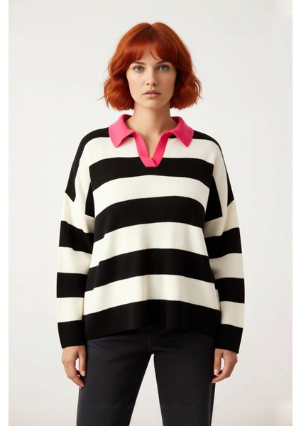 Kadın Konforlu Rahat Kesim Polo Yaka Çizgili Uzun Kollu Triko Kazak Orta Kalınlık Günlük Şıklık fiyatları