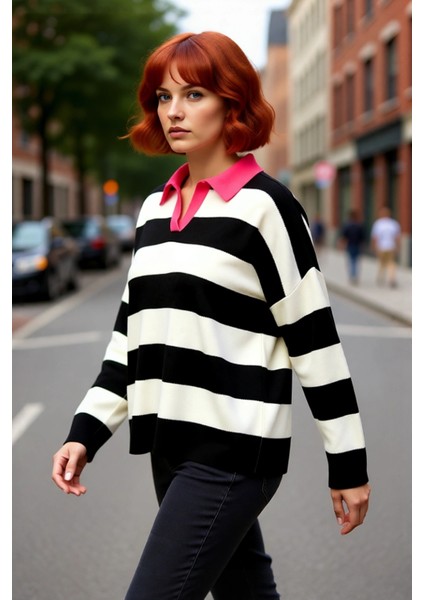 Kadın Konforlu Rahat Kesim Polo Yaka Çizgili Uzun Kollu Triko Kazak Orta Kalınlık Günlük Şıklık fırsatları