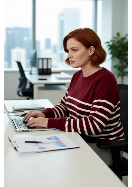 Kadın Bisiklet Yaka Çizgili Triko Kazak Standart Kol Rahat Kalıp Günlük Sonbahar Kış Şıklığı