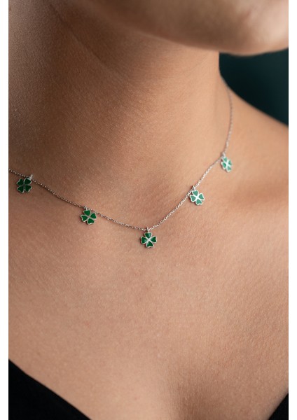 925 Ayar Gümüş Rodyum Kaplama Yeşil Mineli Yonca Şans Kolye fiyatları