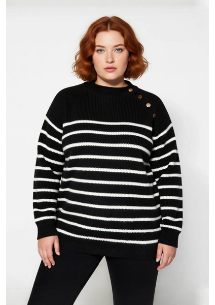 Kadın Rahat Siyah Çizgili Gold Düğme Detaylı Bisiklet Yaka Şardon Akrilik Triko Kazak Kışlık fiyatları