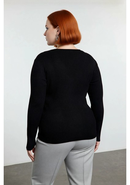 Kadın Şık ve Rahat Fitted Kalıp V Yaka Triko Kazak Düğüm Detaylı Fitilli Akrilik Örgü Kaliteli modelleri