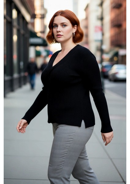 Kadın Şık ve Rahat Fitted Kalıp V Yaka Triko Kazak Düğüm Detaylı Fitilli Akrilik Örgü Kaliteli fırsatları