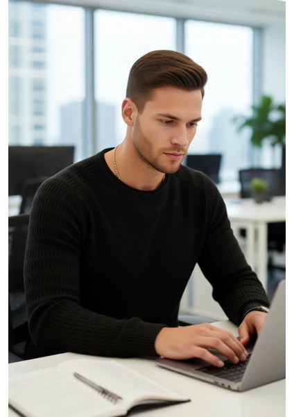 Erkek Uzun Kollu Fitted Kesim Basic Dokulu Triko Kazak Soğuk Havalarda Tarz Sahibi Görünüm