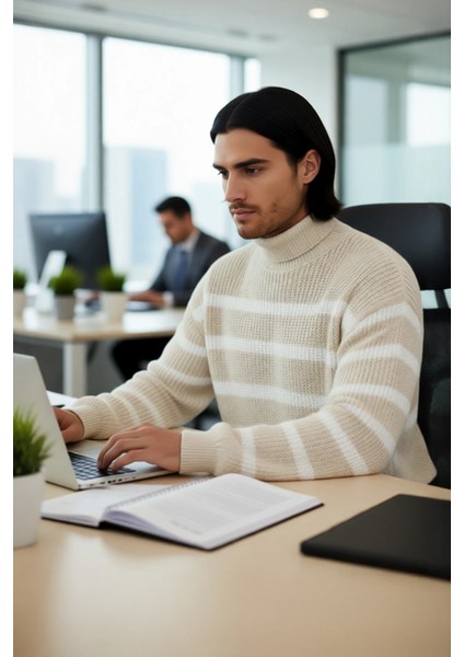 Unisex Uzun Kollu Oversize Balıkçı Yaka Triko Selanik Dokuma Çizgili Kazak Casual Kombinler Için